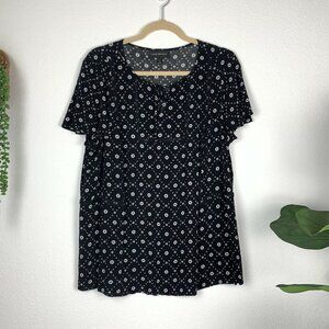 Lane Bryant Women's 14 Black White Short Sleeved Peasant Blouse Top